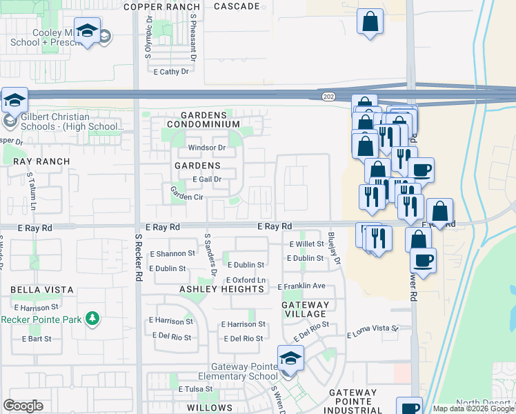 map of restaurants, bars, coffee shops, grocery stores, and more near 1546 South Roadrunner Drive in Gilbert