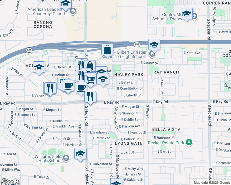 map of restaurants, bars, coffee shops, grocery stores, and more near 3394 East Liberty Lane in Gilbert