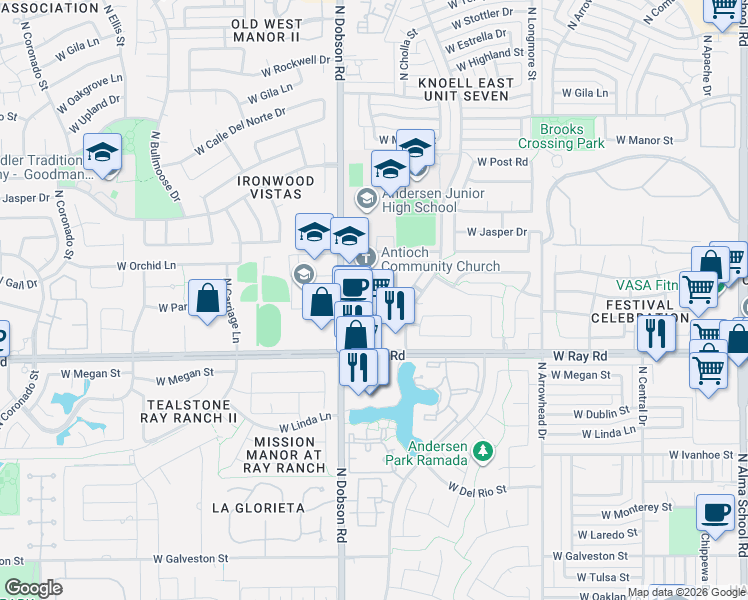 map of restaurants, bars, coffee shops, grocery stores, and more near 1890 West Park Place in Chandler