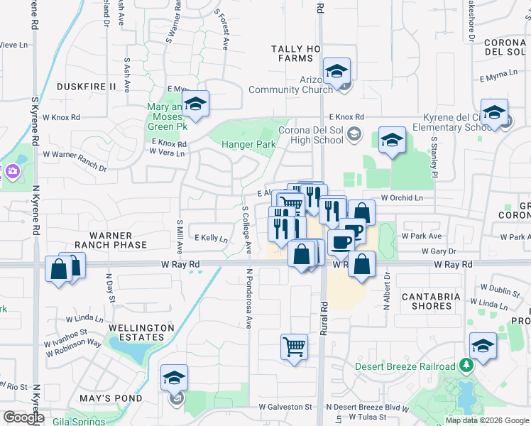 map of restaurants, bars, coffee shops, grocery stores, and more near 574 East Yvonne Lane in Tempe