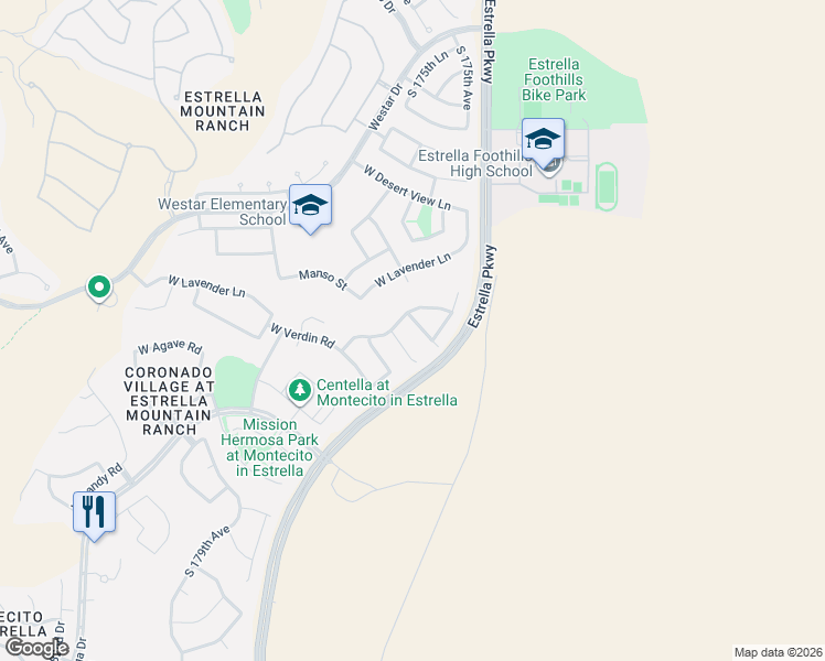 map of restaurants, bars, coffee shops, grocery stores, and more near 13642 South 176th Avenue in Goodyear