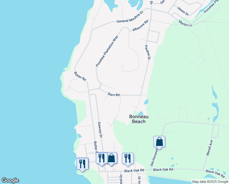 map of restaurants, bars, coffee shops, grocery stores, and more near 642 Barn Road in Bonneau
