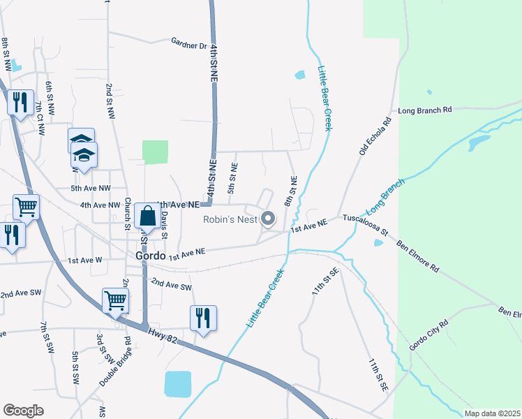 map of restaurants, bars, coffee shops, grocery stores, and more near 955 Sam Davis Court in Gordo