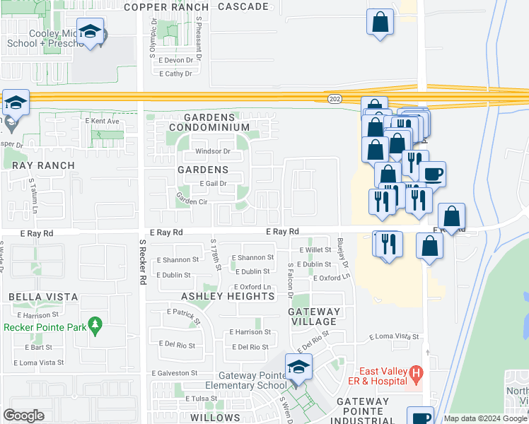 map of restaurants, bars, coffee shops, grocery stores, and more near 1544 South Owl Drive in Gilbert