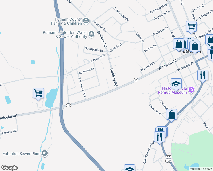 map of restaurants, bars, coffee shops, grocery stores, and more near 107 Candler Court in Eatonton