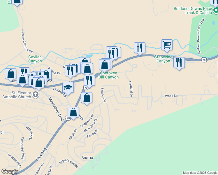 map of restaurants, bars, coffee shops, grocery stores, and more near 222-408 Swallow Drive in Ruidoso