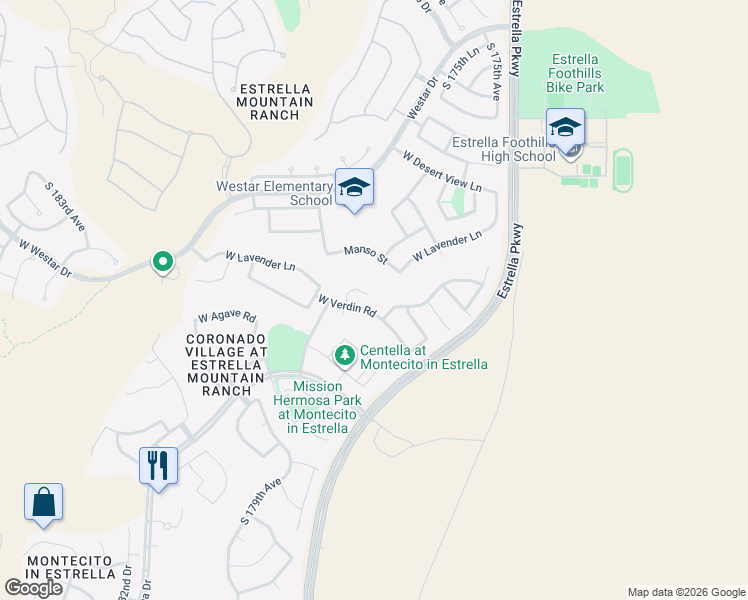 map of restaurants, bars, coffee shops, grocery stores, and more near 13557 S 177th Ln in Goodyear