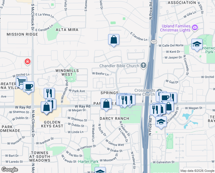 map of restaurants, bars, coffee shops, grocery stores, and more near 3380 West Barcelona Drive in Chandler