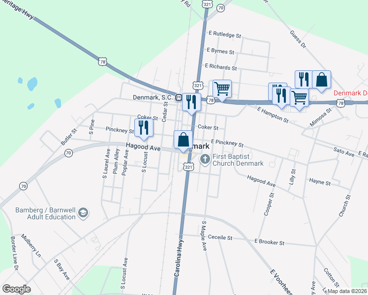 map of restaurants, bars, coffee shops, grocery stores, and more near 197 South Magnolia Avenue in Denmark