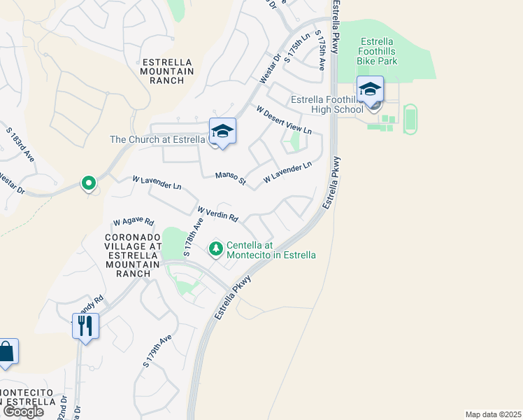 map of restaurants, bars, coffee shops, grocery stores, and more near 17654 West Verdin Road in Goodyear