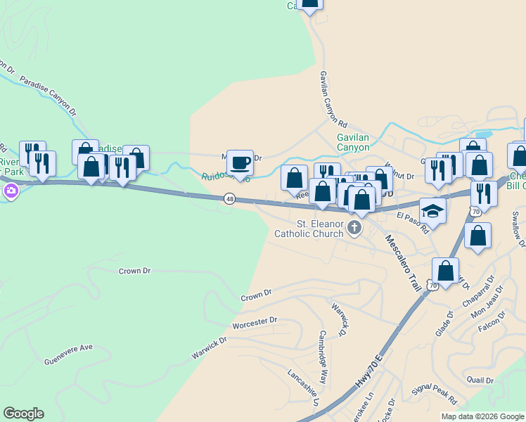 map of restaurants, bars, coffee shops, grocery stores, and more near 284 Junction Road in Ruidoso