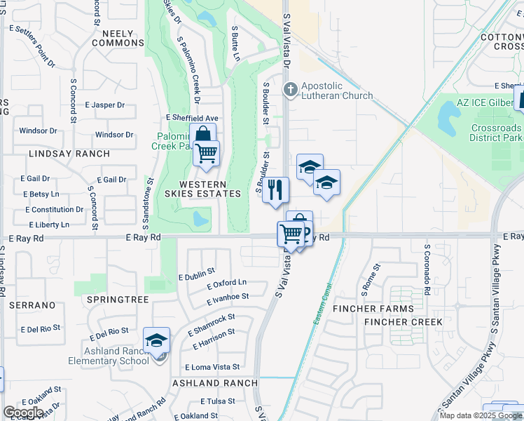 map of restaurants, bars, coffee shops, grocery stores, and more near 1534 East Ray Road in Gilbert