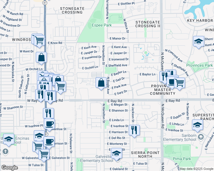 map of restaurants, bars, coffee shops, grocery stores, and more near 1102 North Bogle Avenue in Chandler