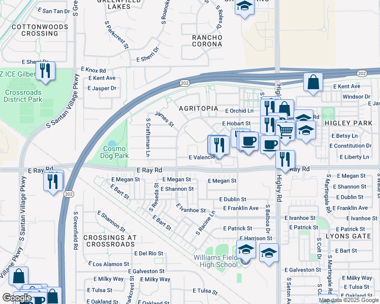 map of restaurants, bars, coffee shops, grocery stores, and more near 1539 South Mulberry Street in Gilbert