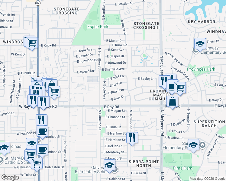 map of restaurants, bars, coffee shops, grocery stores, and more near 682 E Park Ave in Chandler