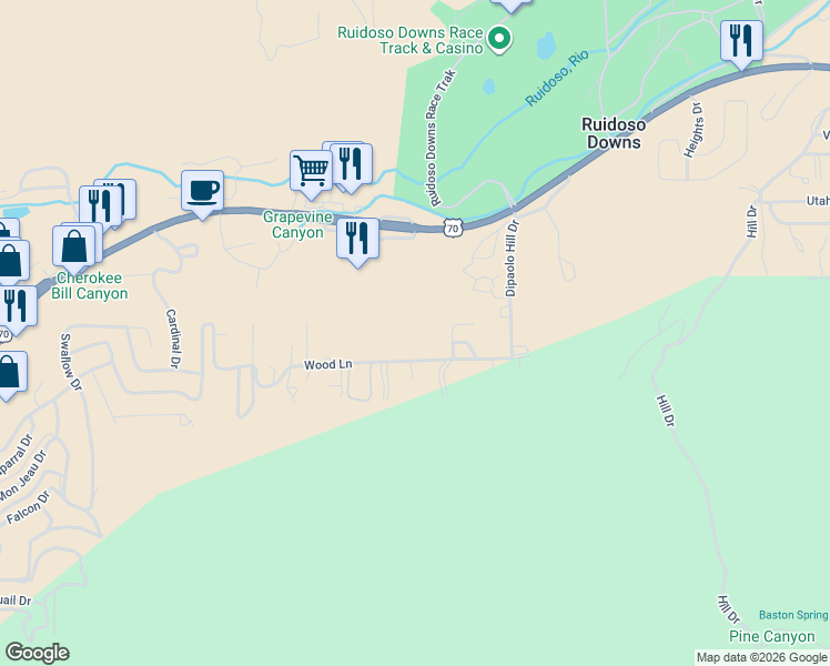 map of restaurants, bars, coffee shops, grocery stores, and more near 122 Wood Lane in Ruidoso Downs
