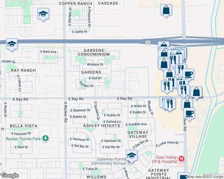 map of restaurants, bars, coffee shops, grocery stores, and more near 1542 South Jacana Lane in Gilbert