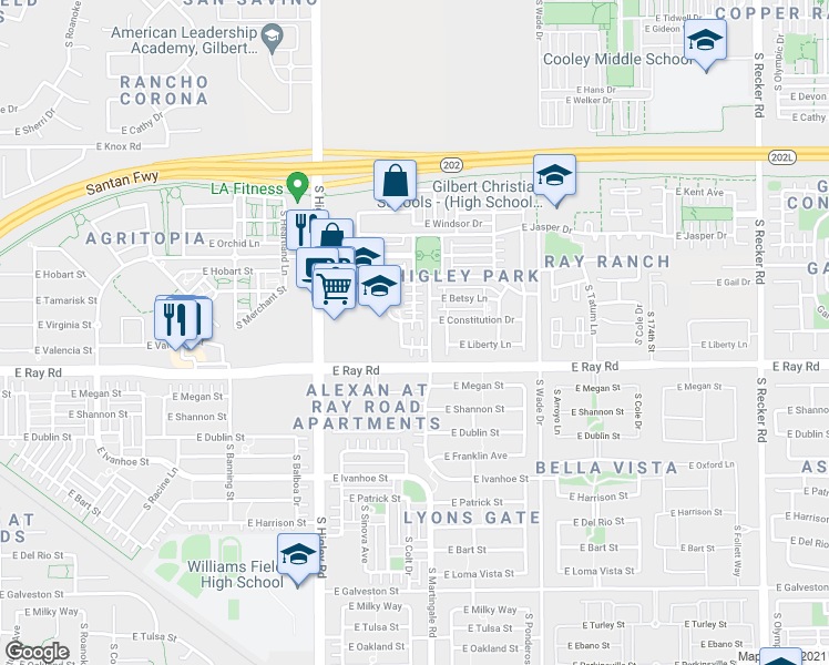 map of restaurants, bars, coffee shops, grocery stores, and more near 3365 East Constitution Drive in Gilbert