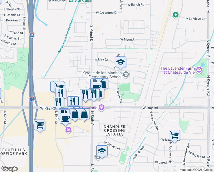 map of restaurants, bars, coffee shops, grocery stores, and more near 1392 West Maria Lane in Tempe