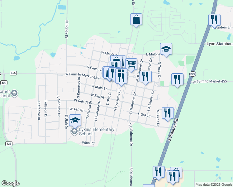 map of restaurants, bars, coffee shops, grocery stores, and more near 207 South Louisiana Drive in Celina