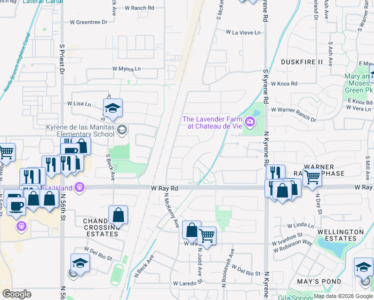 map of restaurants, bars, coffee shops, grocery stores, and more near 6423 West Victoria Lane in Chandler