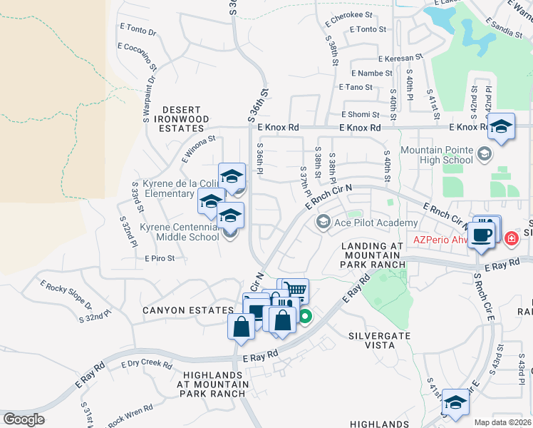map of restaurants, bars, coffee shops, grocery stores, and more near 3619 East Agave Road in Phoenix