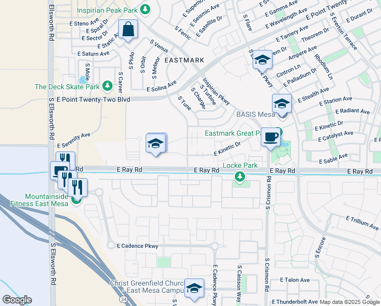 map of restaurants, bars, coffee shops, grocery stores, and more near 9722 East Kinetic Drive in Mesa