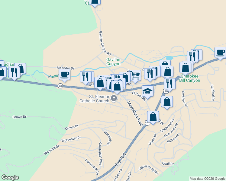 map of restaurants, bars, coffee shops, grocery stores, and more near 315-317 Sudderth Drive in Ruidoso