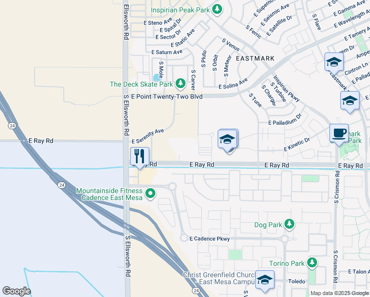 map of restaurants, bars, coffee shops, grocery stores, and more near Unnamed Road in Mesa