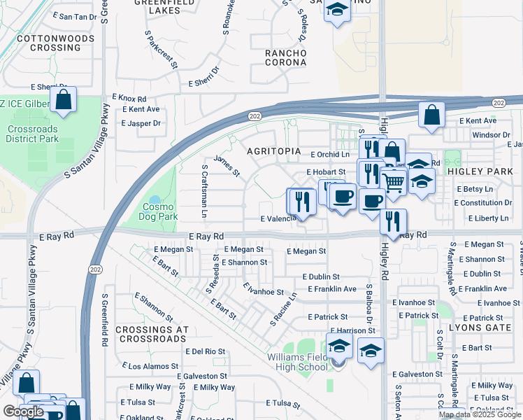 map of restaurants, bars, coffee shops, grocery stores, and more near 1539 South Mulberry Street in Gilbert