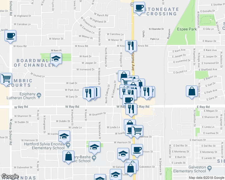 map of restaurants, bars, coffee shops, grocery stores, and more near 1098 North California Street in Chandler