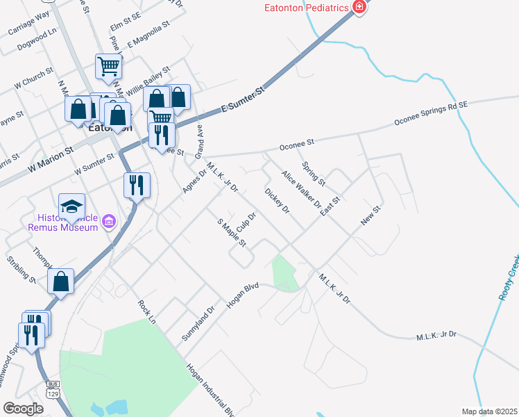 map of restaurants, bars, coffee shops, grocery stores, and more near 249 Martin Luther King Junior Drive in Eatonton