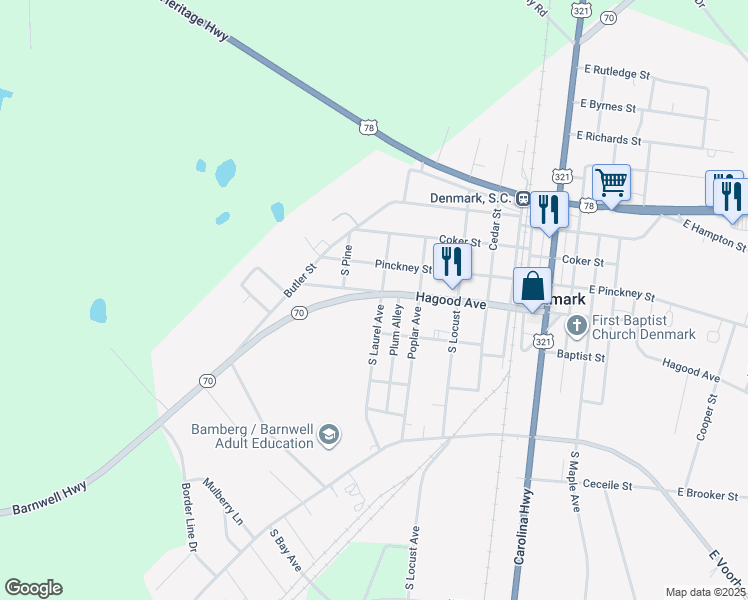 map of restaurants, bars, coffee shops, grocery stores, and more near 169 South Laurel Avenue in Denmark