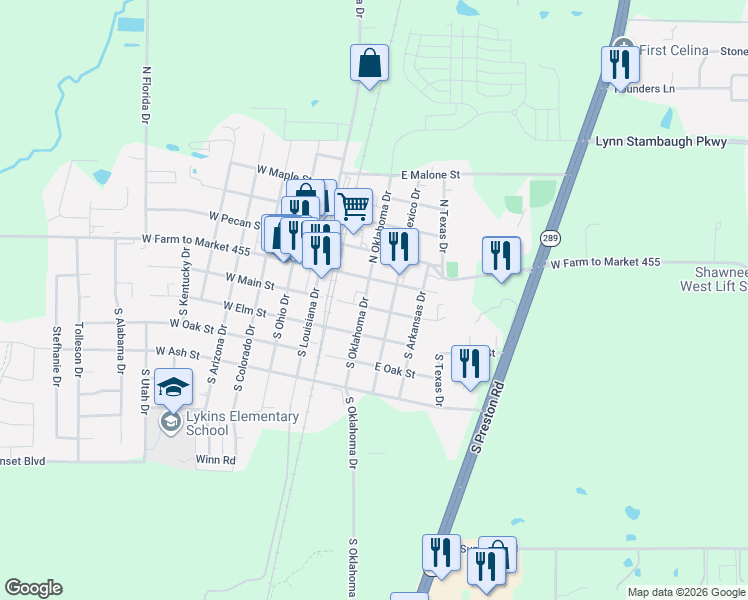 map of restaurants, bars, coffee shops, grocery stores, and more near 202 East Main Street in Celina