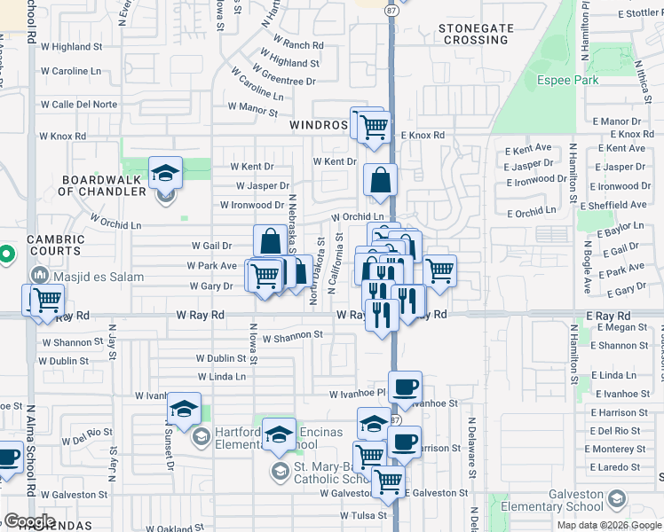 map of restaurants, bars, coffee shops, grocery stores, and more near 1100 North California Street in Chandler