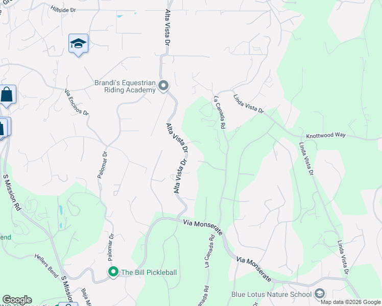 map of restaurants, bars, coffee shops, grocery stores, and more near 3847 La Canada Road in Fallbrook