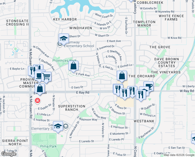 map of restaurants, bars, coffee shops, grocery stores, and more near 1650 East Park Avenue in Chandler