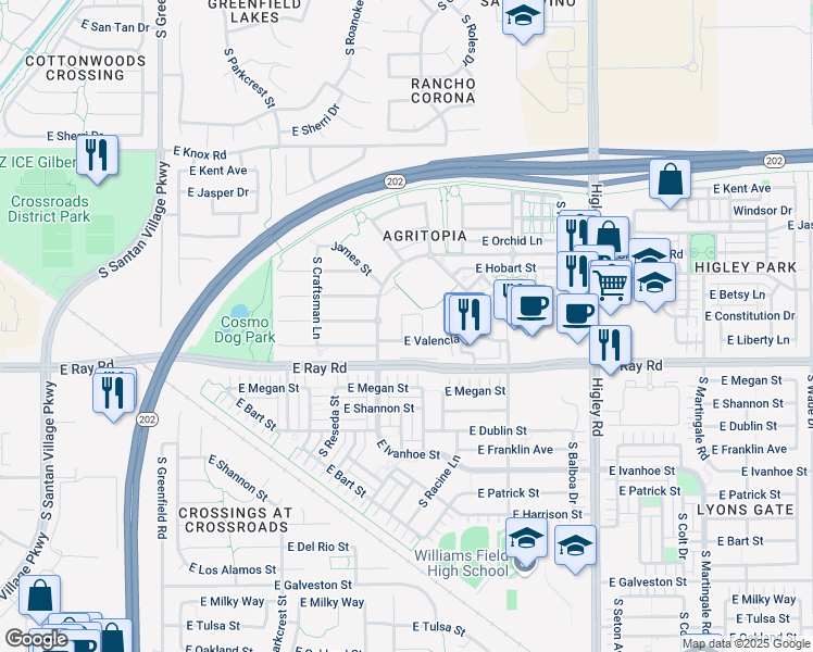 map of restaurants, bars, coffee shops, grocery stores, and more near 1539 South Mulberry Street in Gilbert
