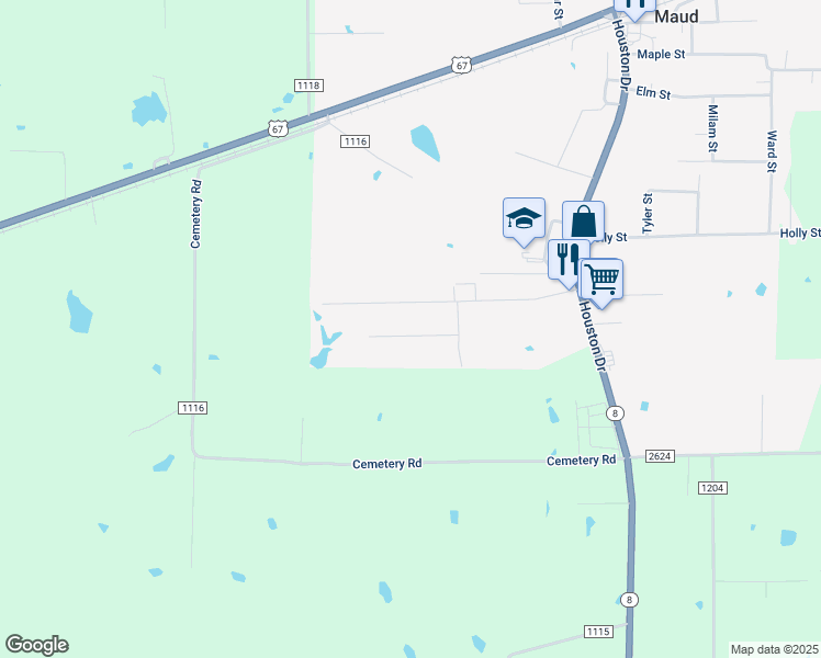 map of restaurants, bars, coffee shops, grocery stores, and more near 412 Lindsey Street in Maud