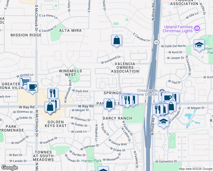 map of restaurants, bars, coffee shops, grocery stores, and more near 3380 West Barcelona Drive in Chandler
