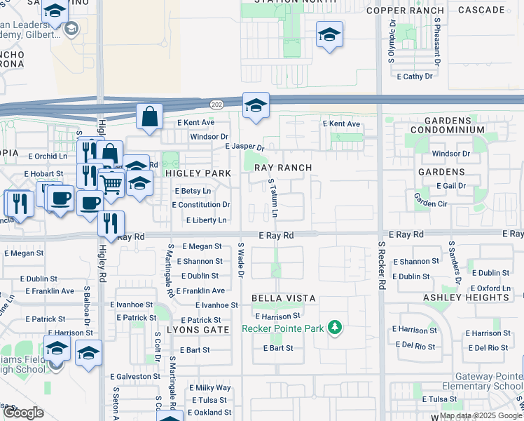 map of restaurants, bars, coffee shops, grocery stores, and more near 3691 East Constitution Drive in Gilbert