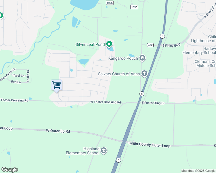 map of restaurants, bars, coffee shops, grocery stores, and more near 651 Cherry Blossom Street in Anna