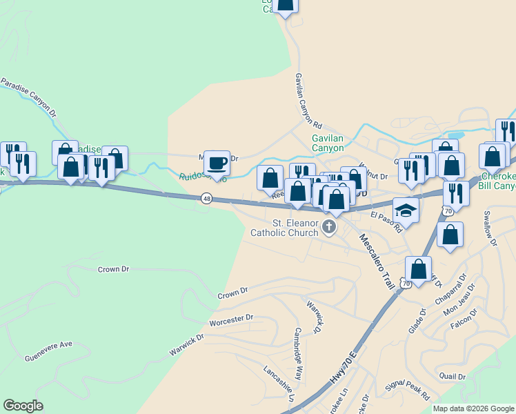 map of restaurants, bars, coffee shops, grocery stores, and more near 244-284 Junction Rd in Ruidoso