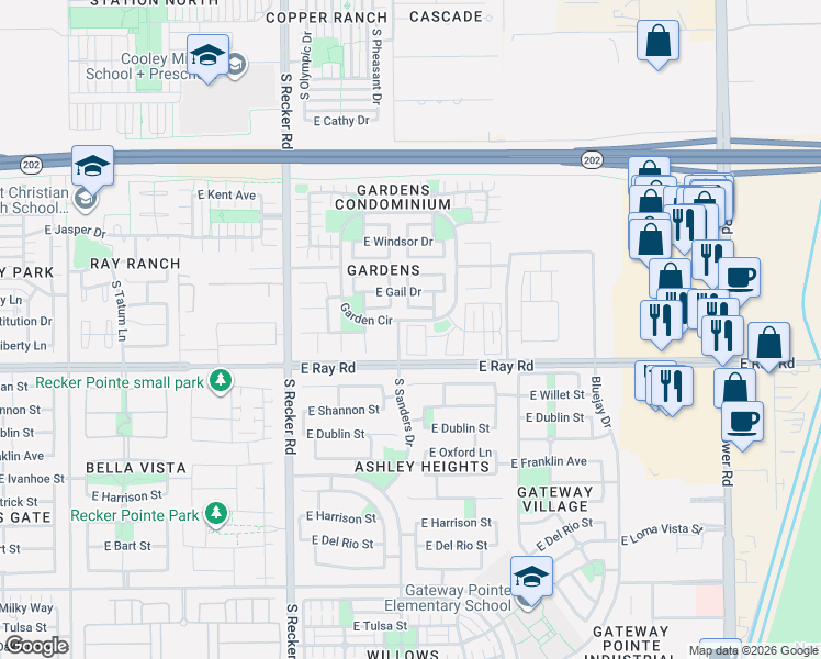 map of restaurants, bars, coffee shops, grocery stores, and more near 1544 South Avocet Street in Gilbert