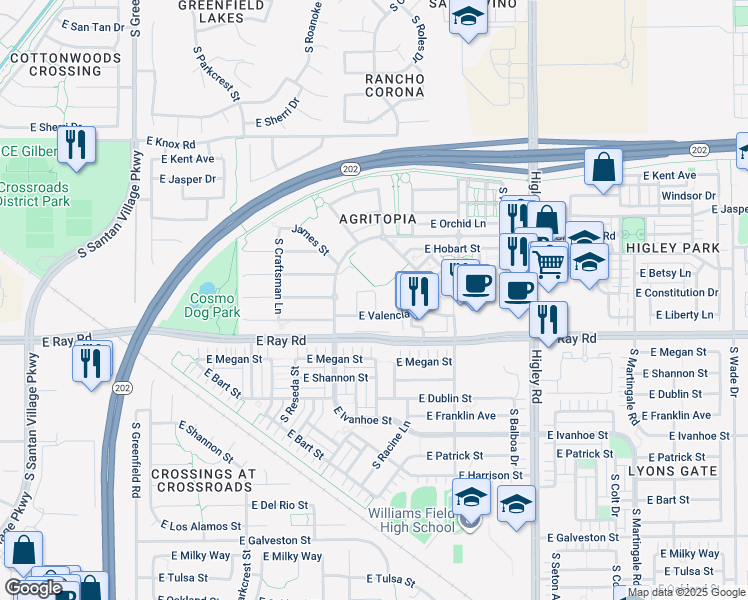 map of restaurants, bars, coffee shops, grocery stores, and more near 2908 East Valencia Street in Gilbert