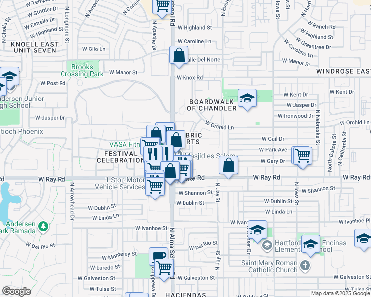 map of restaurants, bars, coffee shops, grocery stores, and more near 959 West Park Avenue in Chandler