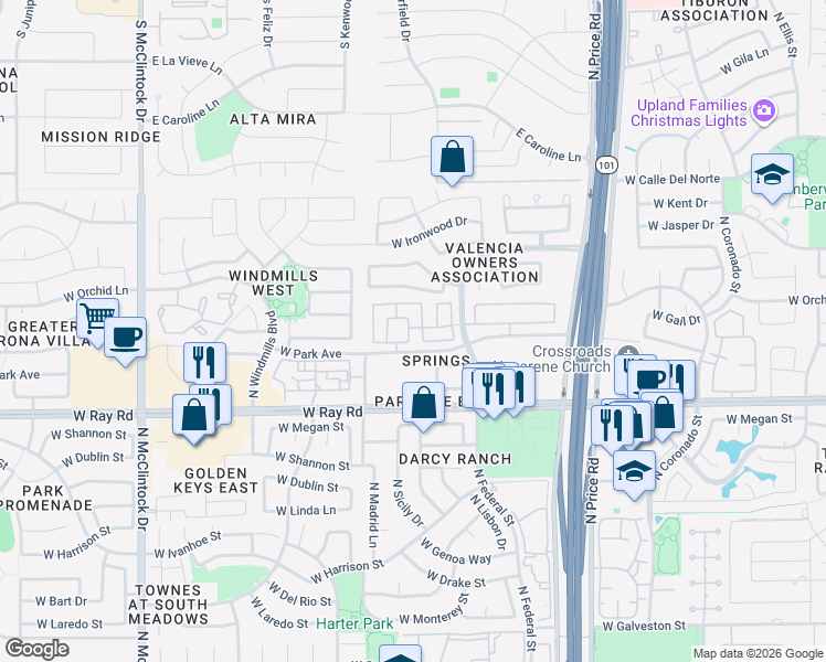 map of restaurants, bars, coffee shops, grocery stores, and more near 3380 West Barcelona Drive in Chandler