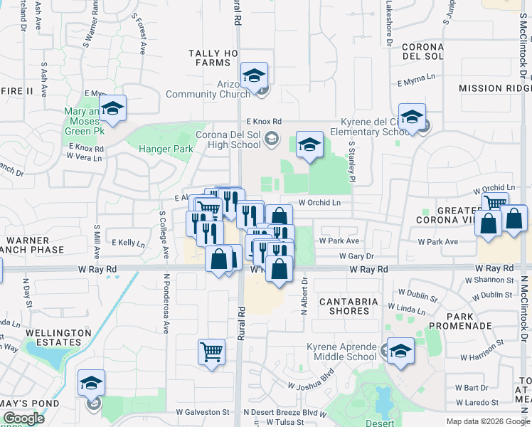 map of restaurants, bars, coffee shops, grocery stores, and more near 4914 West Gail Drive in Chandler