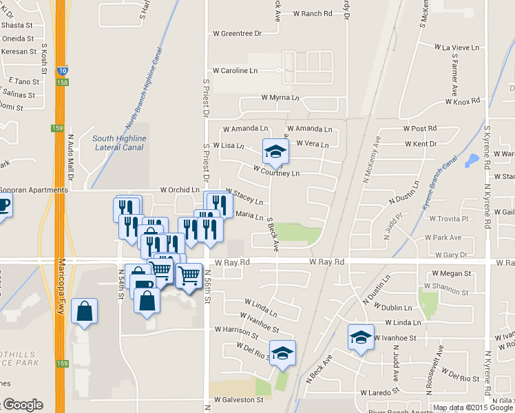 map of restaurants, bars, coffee shops, grocery stores, and more near 1320 West Maria Lane in Tempe