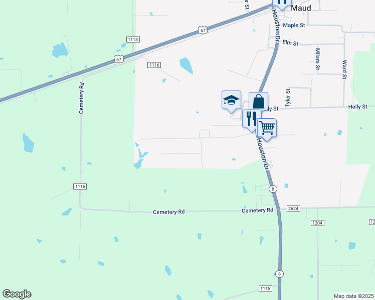 map of restaurants, bars, coffee shops, grocery stores, and more near 412 Lindsey Street in Maud